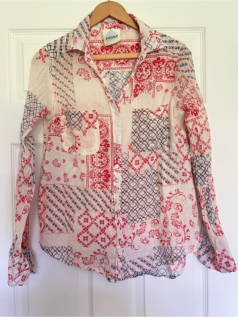 Masala Women's Red & Blue Patchwork Button-Up Shirt- S